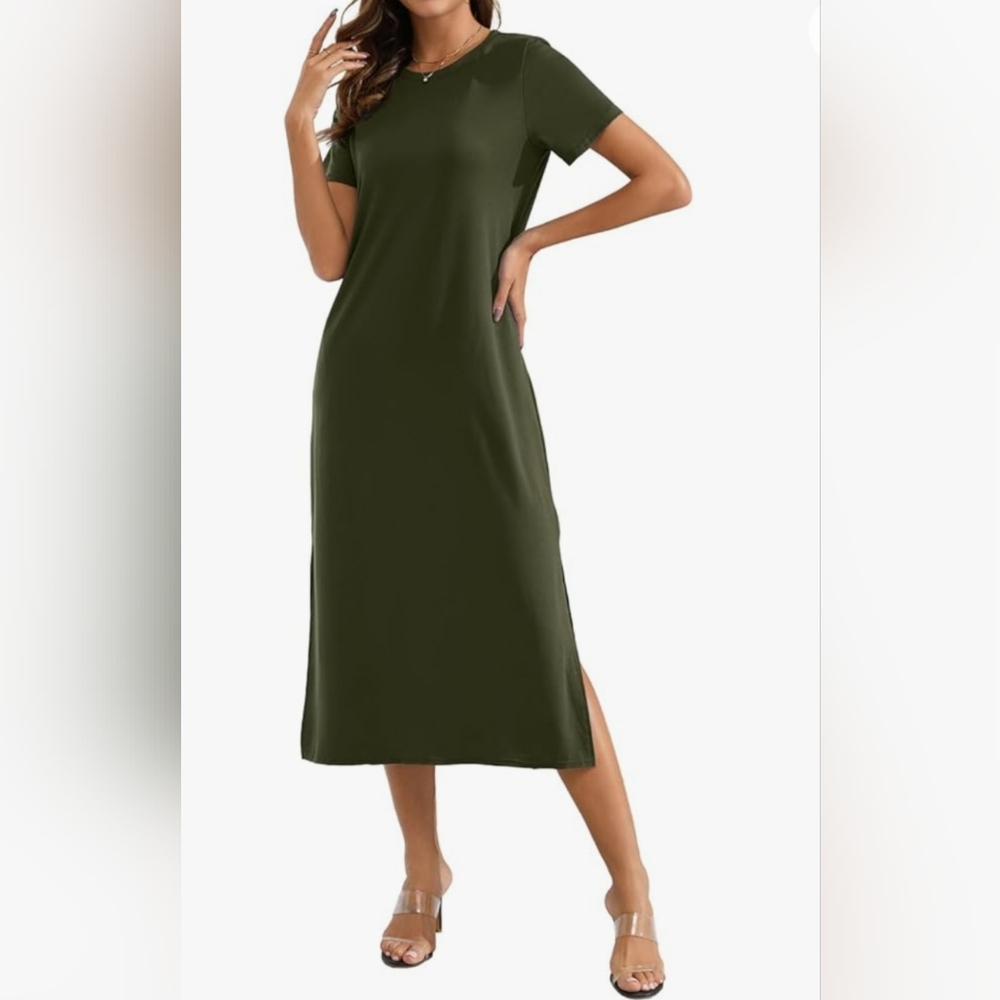 Women's Short Sleeve Long Maxi Dress w/ Pockets & Split on Both Sides